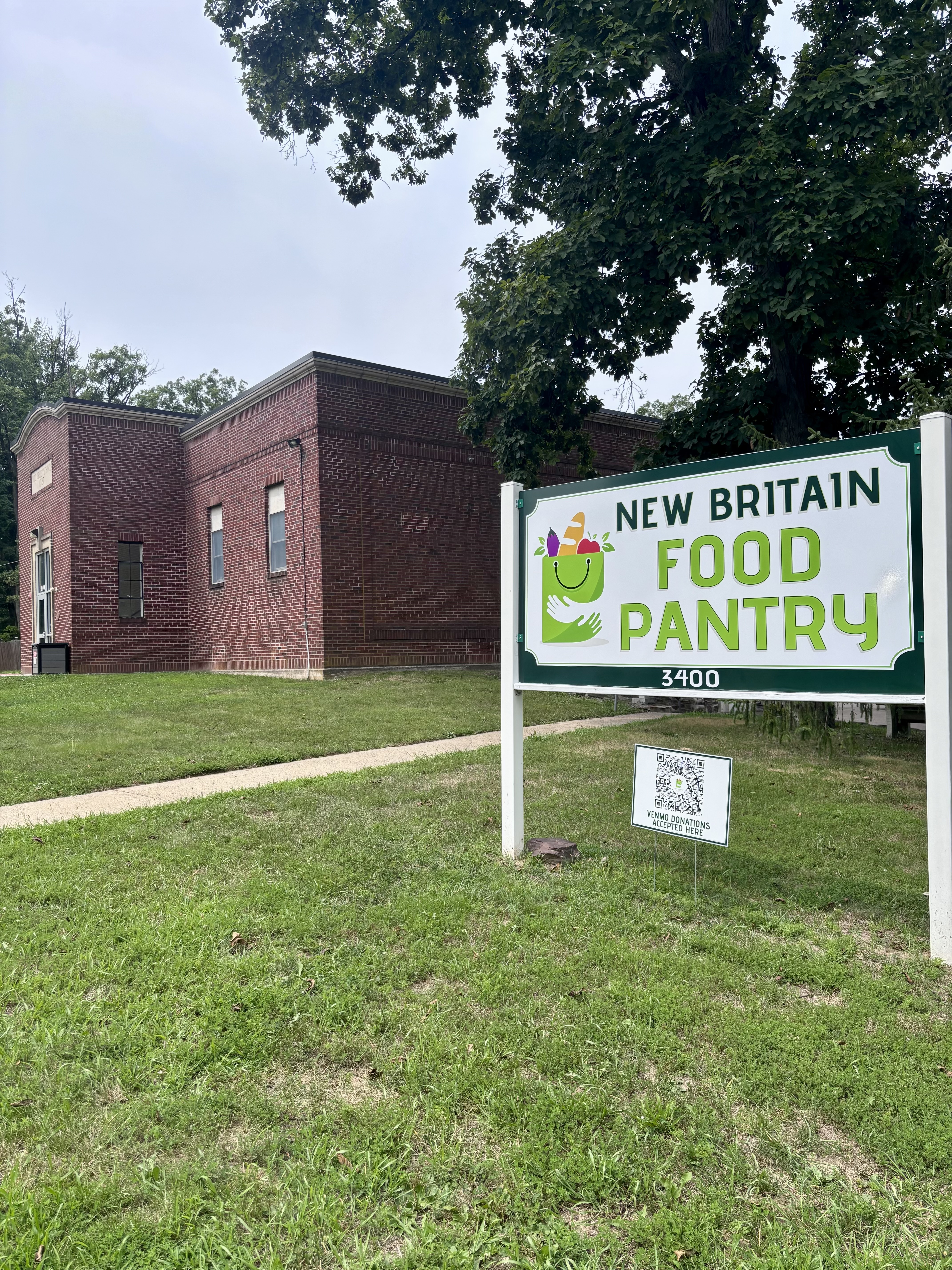 New Britain Food Pantry building and sign at 3400 Pickertown Road